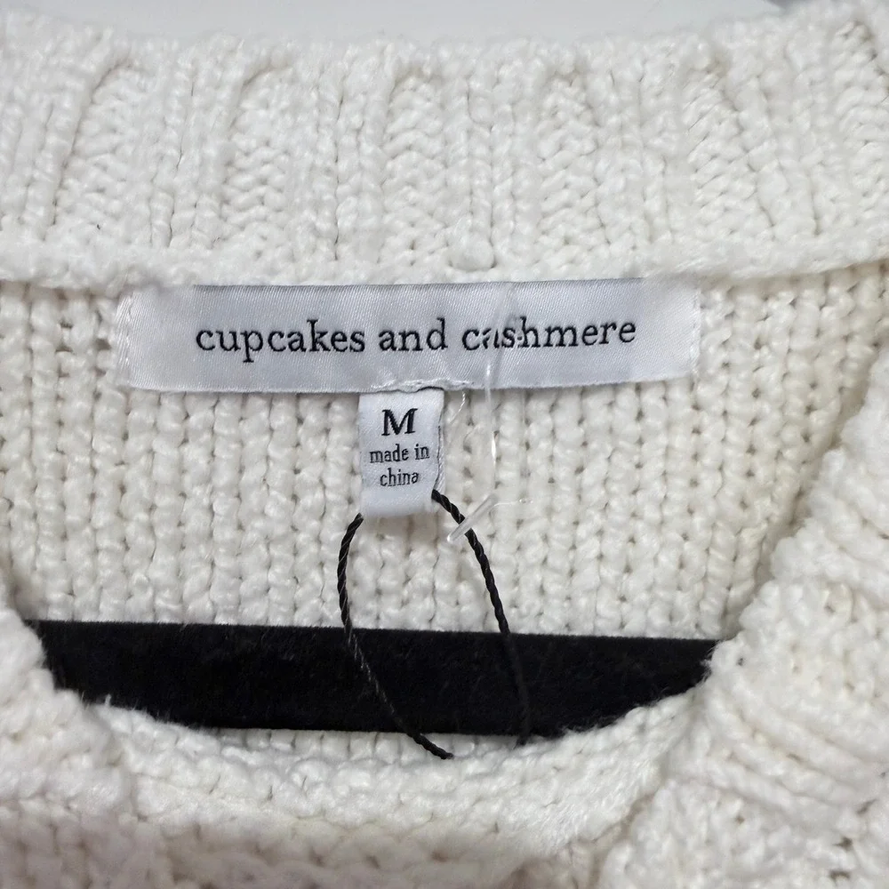 CUPCAKES AND CASHMERE‎ White Cable Knit Bobble Fringe Sweater M